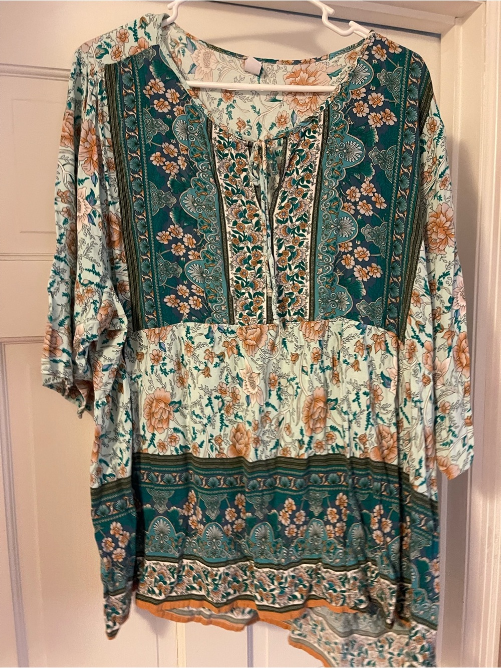Brown Coco Womens Teal Floral Peasant Blouse - Boho Tunic